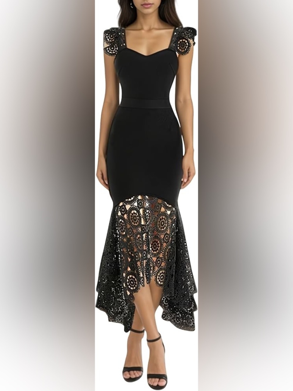 Black Lace High-Low Bodycon Dress with Cap Sleeves